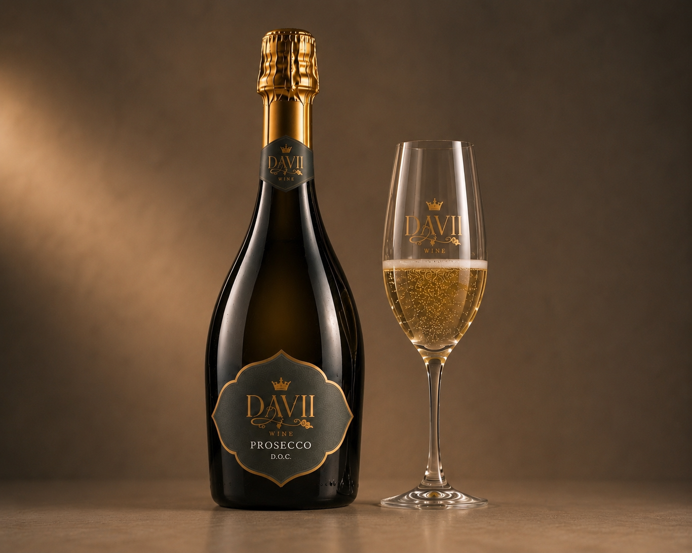 A bottle of Davii Prosecco and a filled flute with bubbles, set against a brown gradient background.