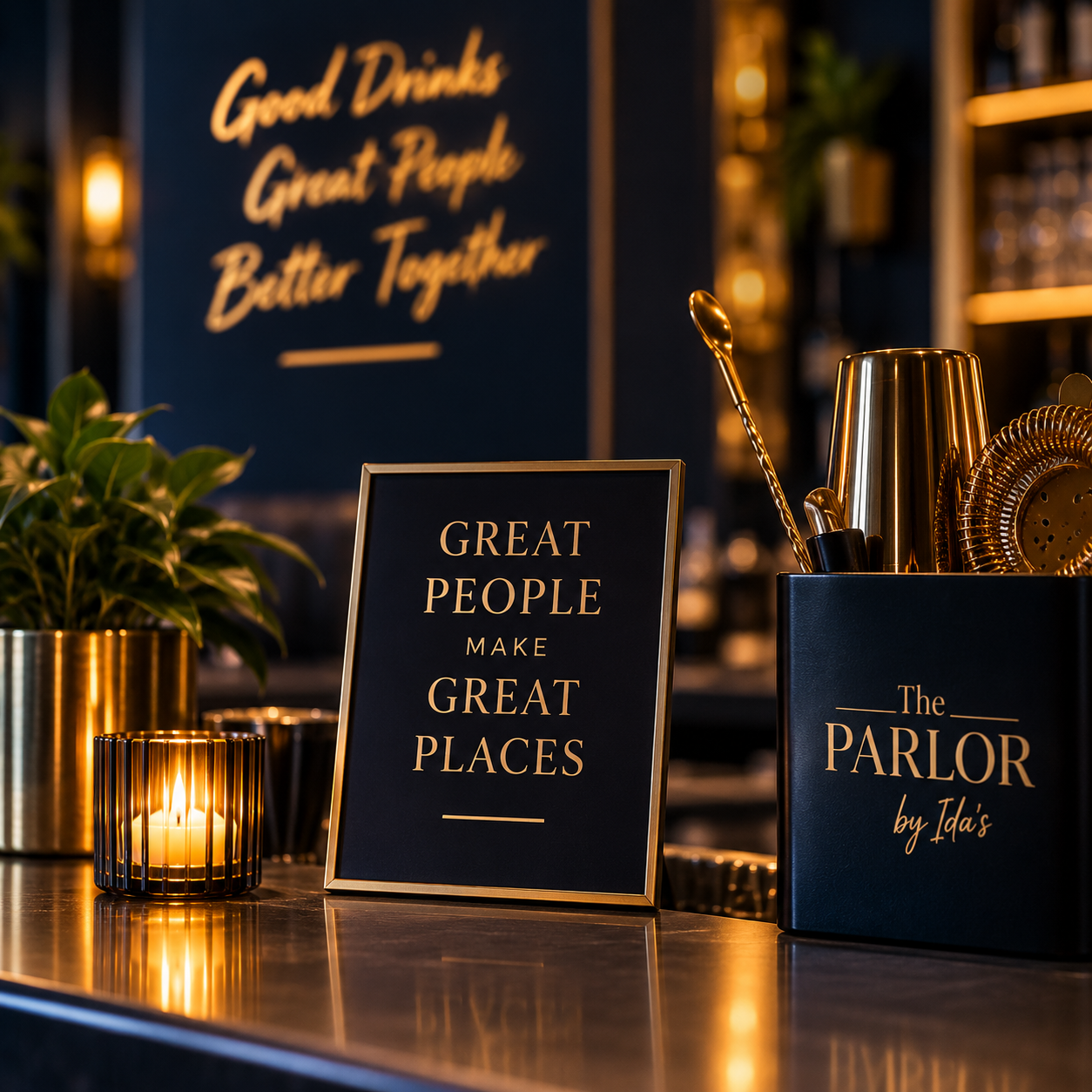 Interior of a stylish bar with motivational signs, a potted plant, candles, and gold barware in a black cup labeled "The Parlor by Ida's".