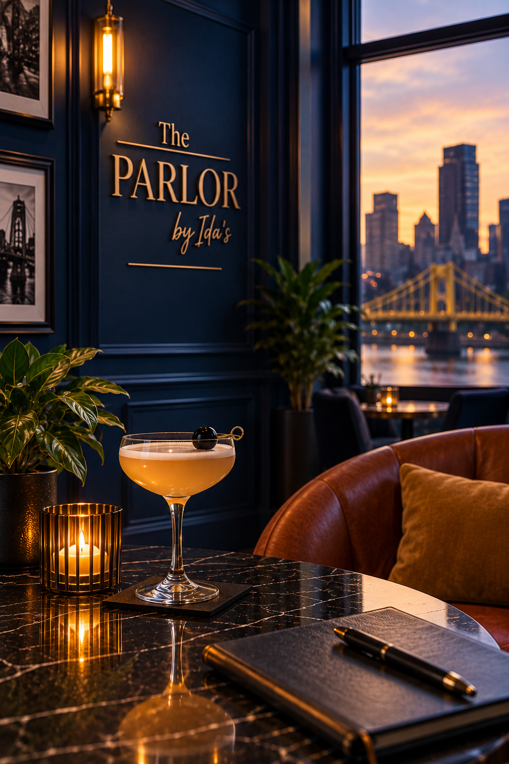 Interior of a sophisticated bar or lounge with a cocktail on a black marble table, a lit candle, and a notebook with a pen, with city skyline and sunset visible through large windows.
