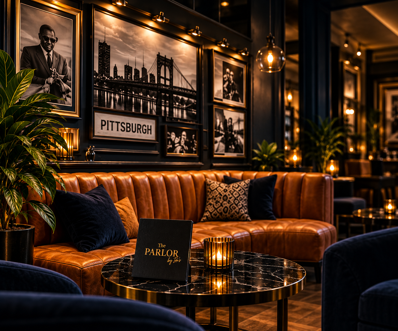 Luxurious restaurant interior with a brown leather sofa, black marble table with a lit candle and a menu, framed black-and-white photos of Pittsburgh and city skyline, green plants, and warm ambient lighting.