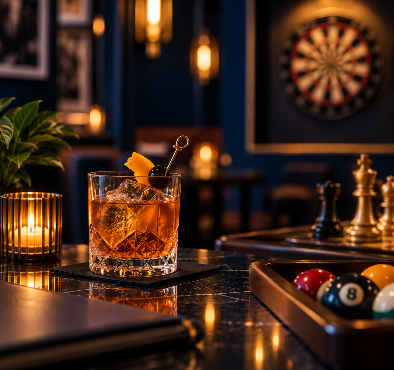 A cocktail with ice, garnished with a lemon peel and a cherry, sitting on a dark marble bar with a lit candle and a pool table in the background.