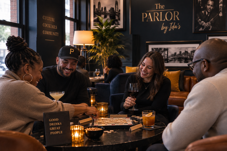 Four friends playing a board game and laughing in a cozy bar with dark walls, warm lighting, and artwork, including a framed cityscape and a poster that reads 'The Parlor by Ida's'.