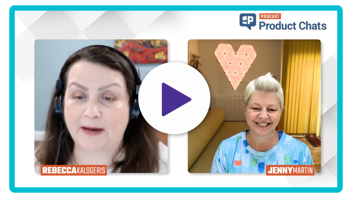 A digital screenshot of a podcast titled "Product Chats" featuring two women, Rebecca, wearing headphones, on the left, and Jenny, smiling, on the right. Rebecca has long brown hair and Jenny has short, platinum blonde hair. The background of Rebecca's video shows a colorful painting, and Jenny's background displays a wall with a pink heart-shaped light installation and yellow vertical blinds.