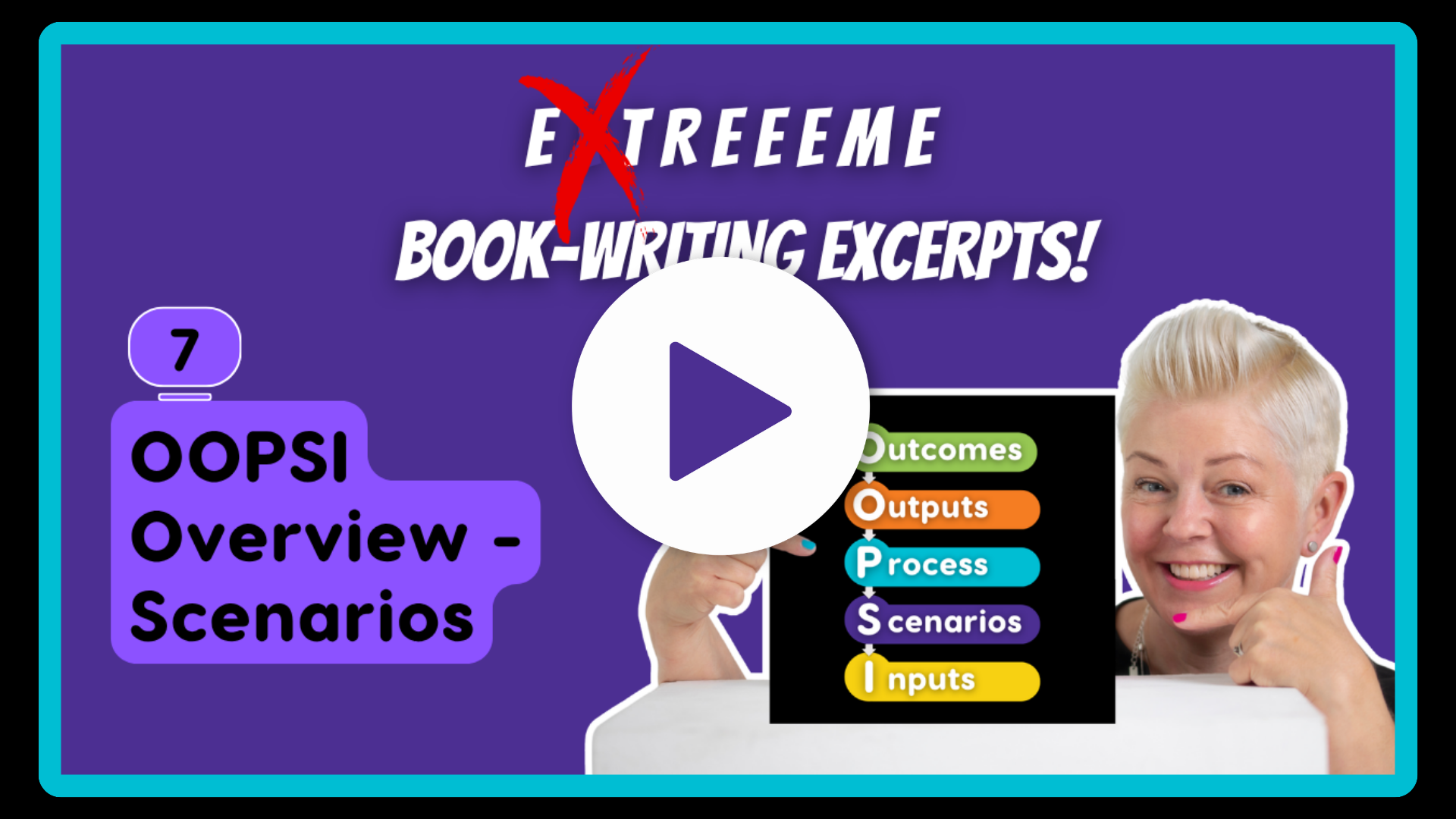 Thumbnail for a video about book-writing excerpts, featuring a woman with short blonde hair smiling and giving a thumbs-up, with colorful flowchart showing outcomes, outputs, process, scenarios, and inputs.
