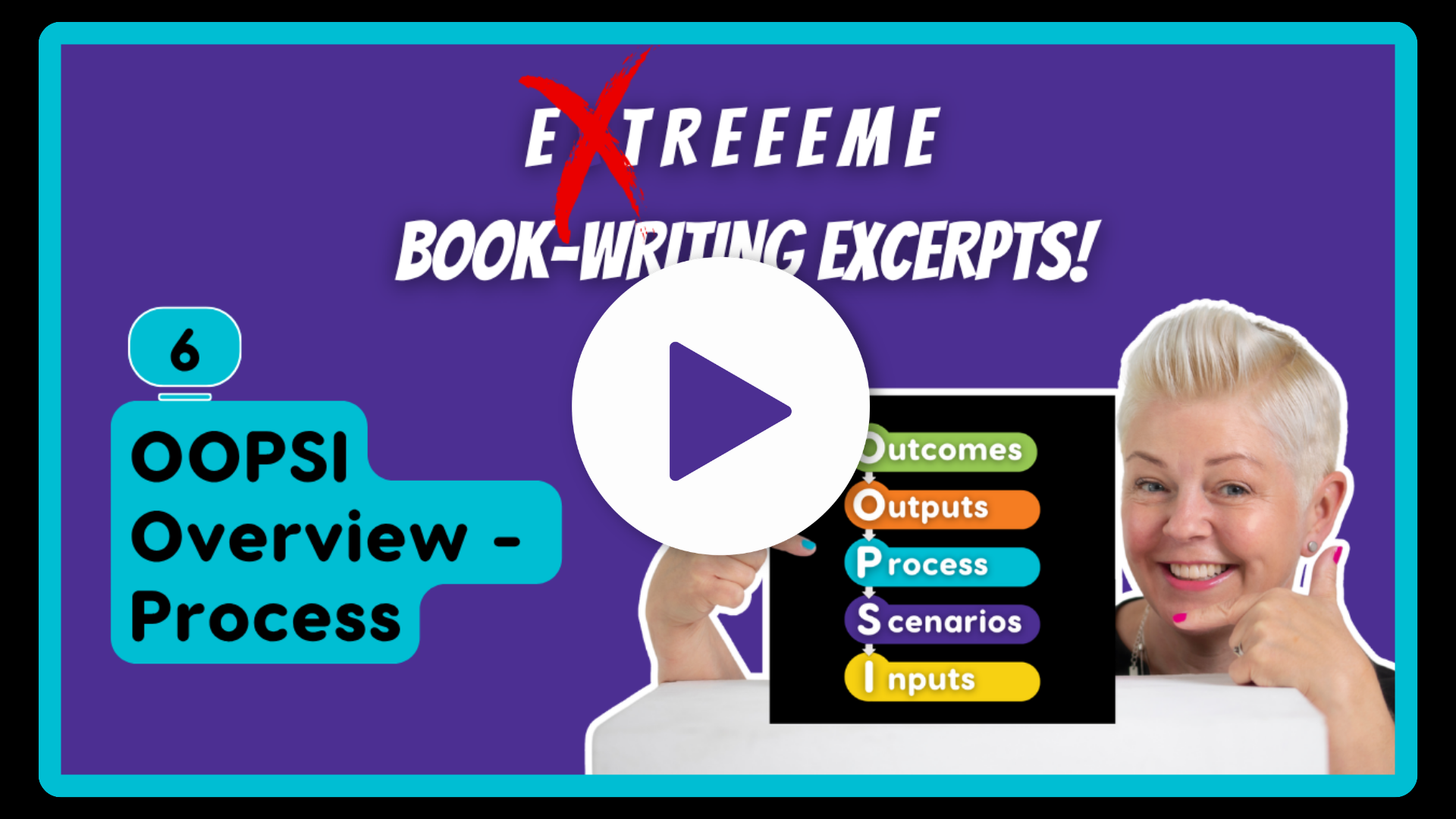 Thumbnail for a video titled 'Extreme Book-Writing Excerpts!' featuring a woman with short blonde hair giving a thumbs-up, with a colorful diagram showing steps labeled 'Outcomes,' 'Outputs,' 'Process,' 'Scenarios,' and 'Inputs.' The background is purple with a turquoise border.
