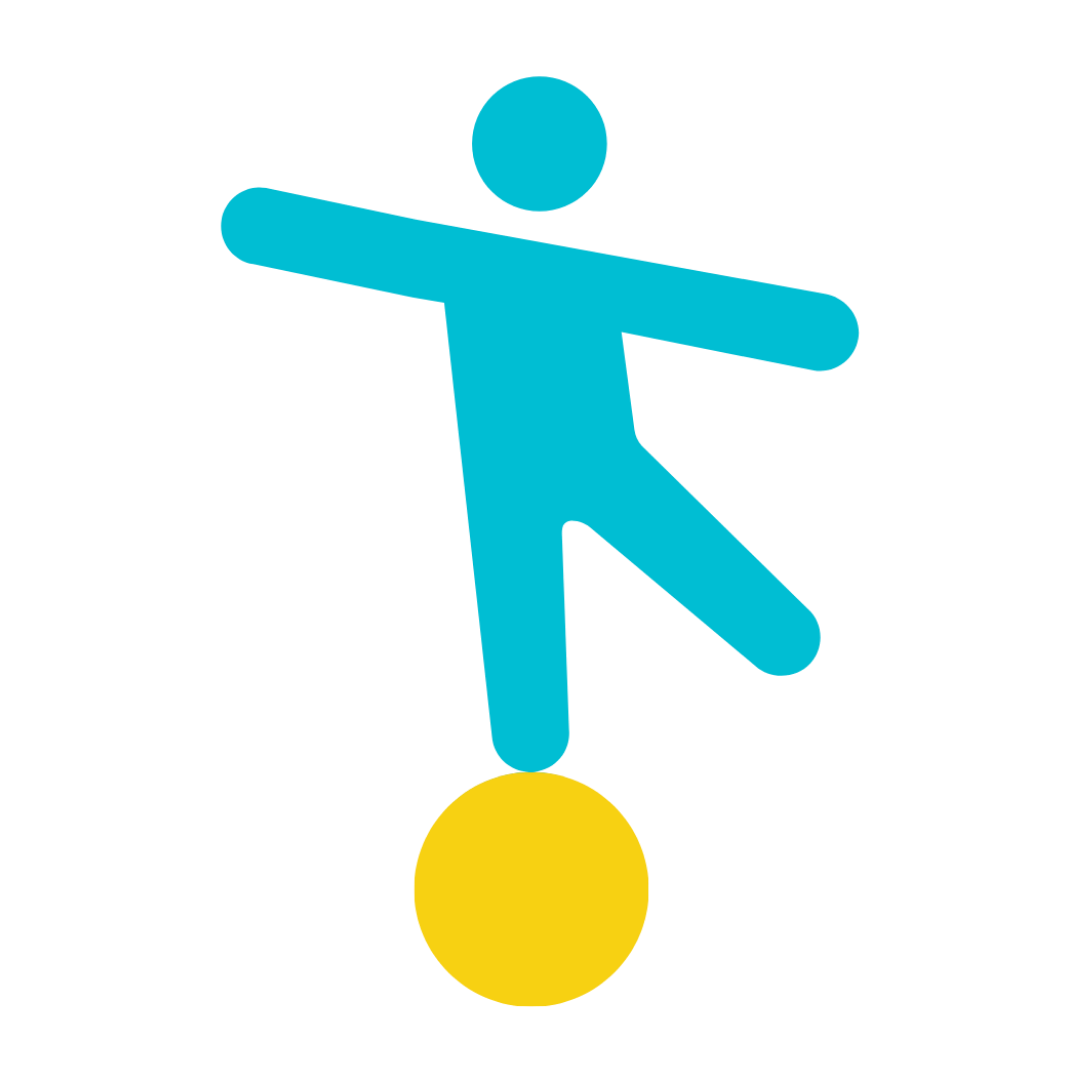 Simplified blue icon of a person balancing on a yellow circle