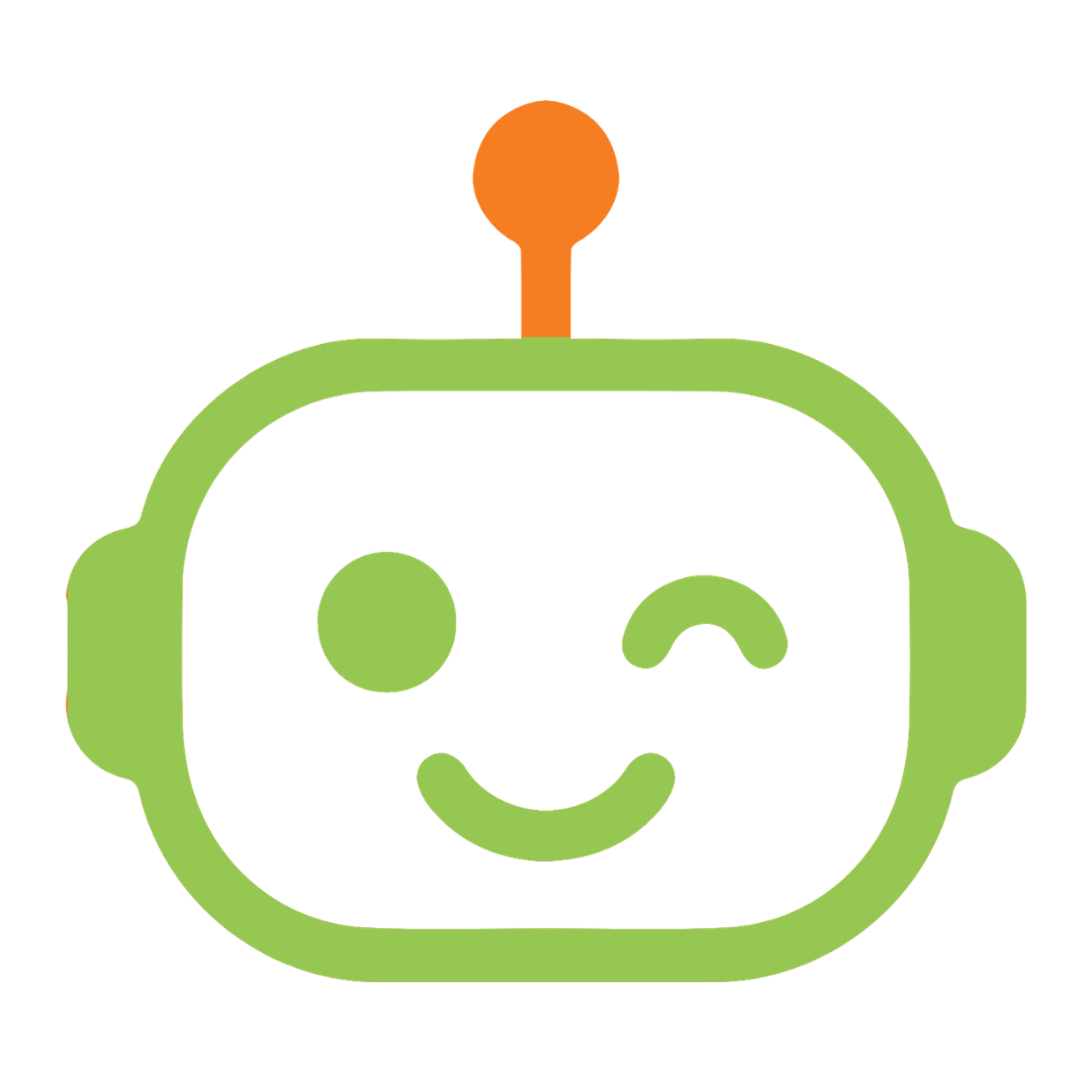 Cute robot face with a winking eye, a smiling mouth, green head, and an orange antenna on top.