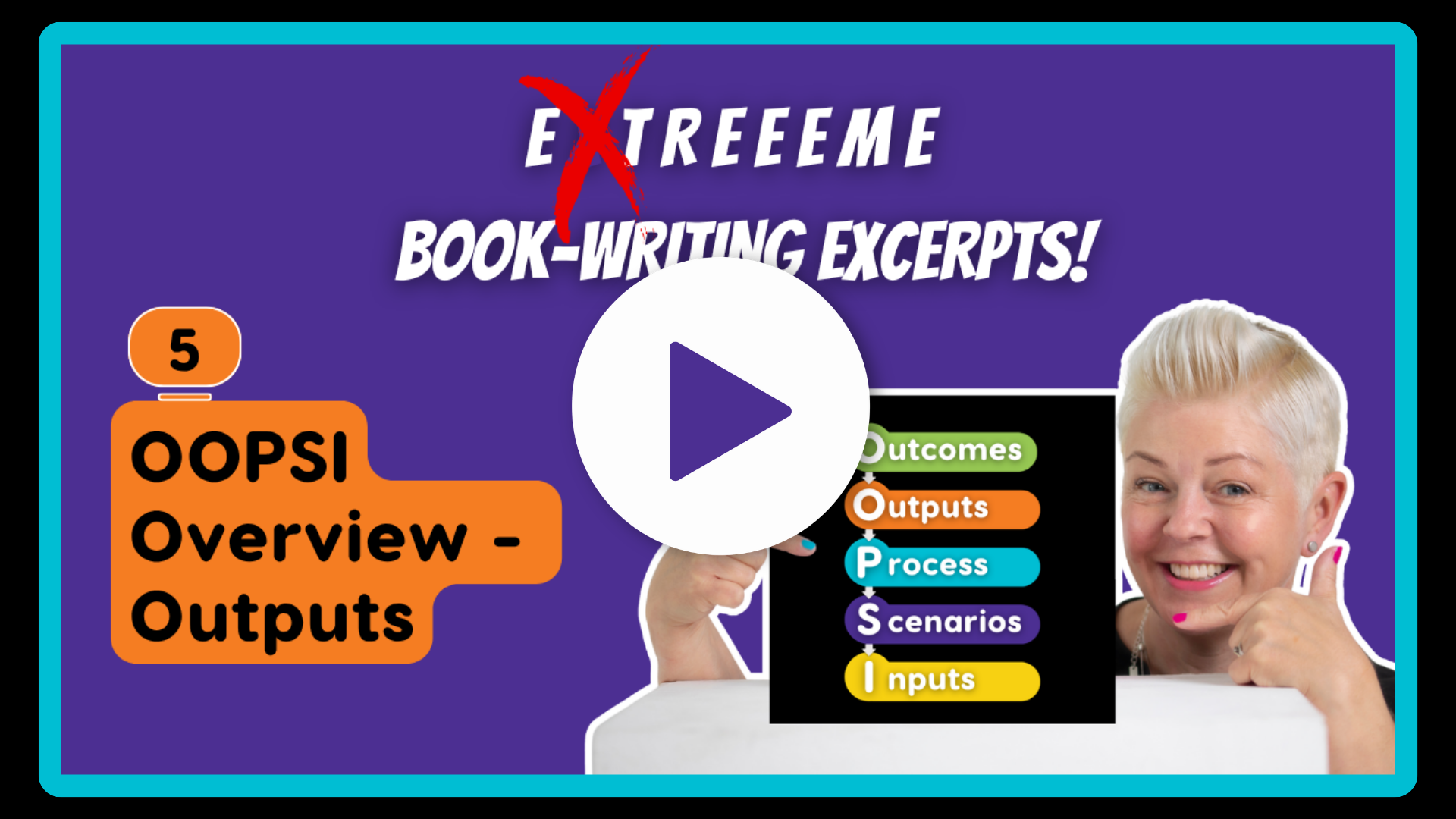 Thumbnail image promoting a video about book-writing excerpts, featuring a smiling woman with short blonde hair, colorful flowchart illustrating outcomes, outputs, process, scenarios, and inputs, with a purple background and a turquoise border.