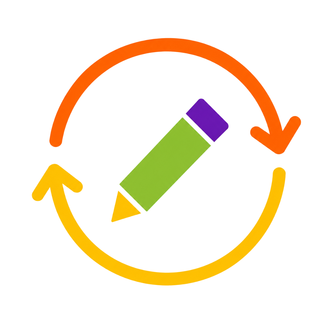 3D pie chart with arrows forming a circle, sections in red, green, purple, and yellow.