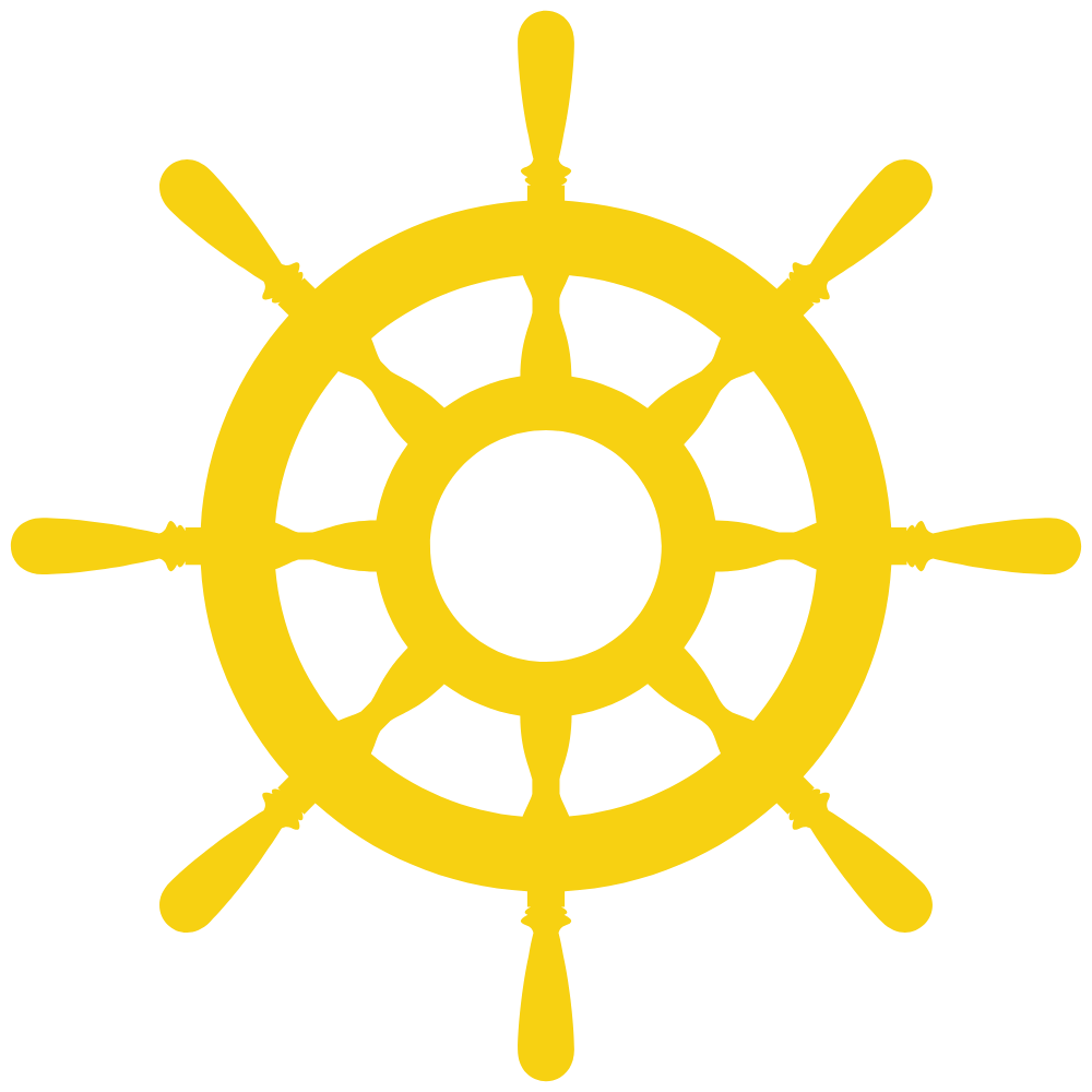 Yellow ship's steering wheel on a black background.