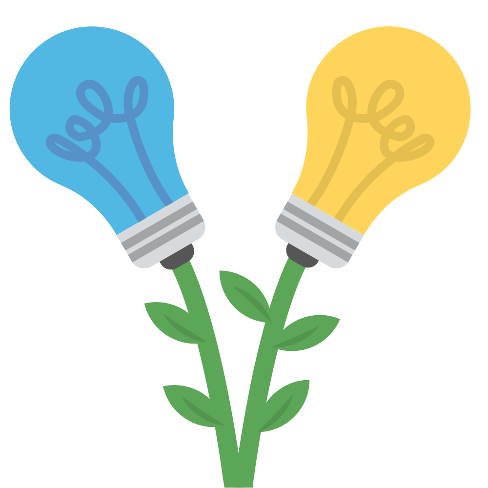 Two light bulbs, one blue and one yellow, with green leaves and stems, resembling flowers.