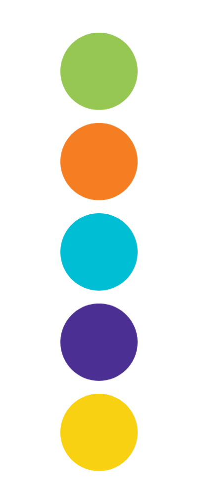 A vertical traffic light with five colored circles from top to bottom: green, orange, blue, purple, and yellow.