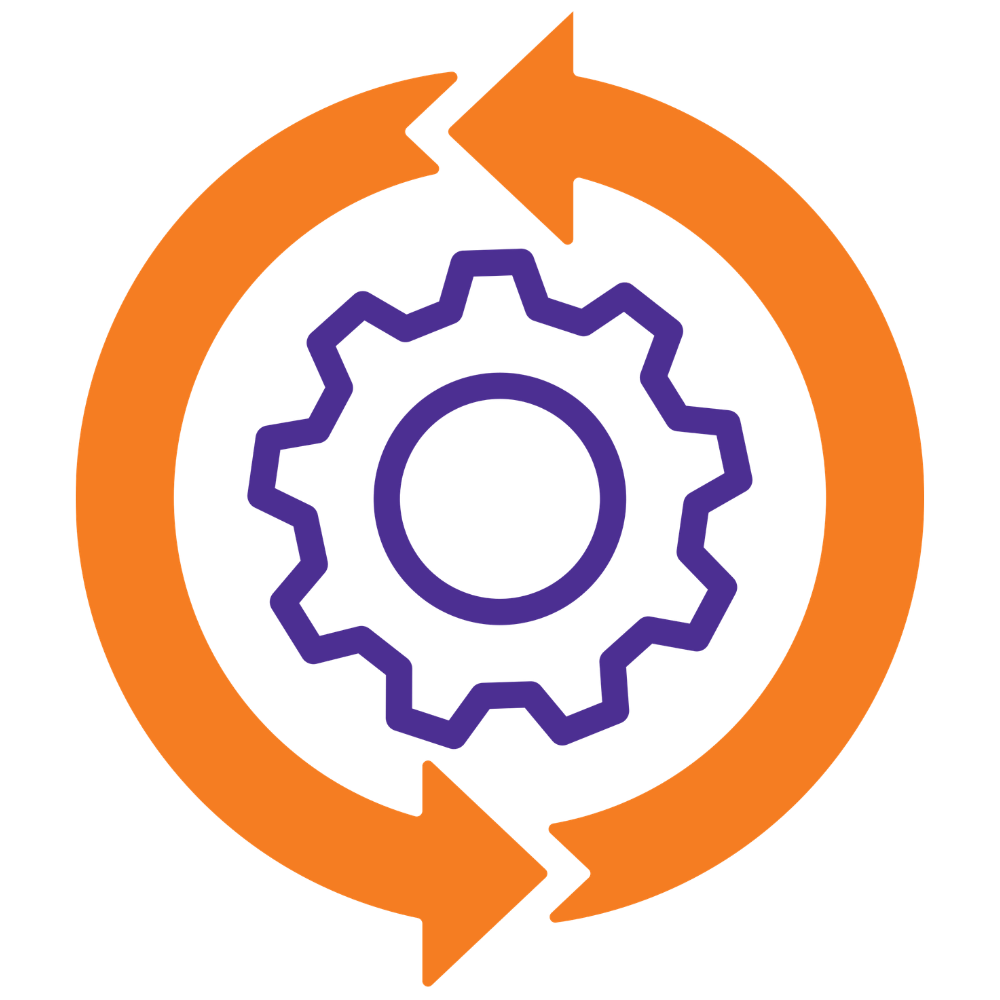 Gear inside a circular arrow symbol, illustrating cycle or process automation.
