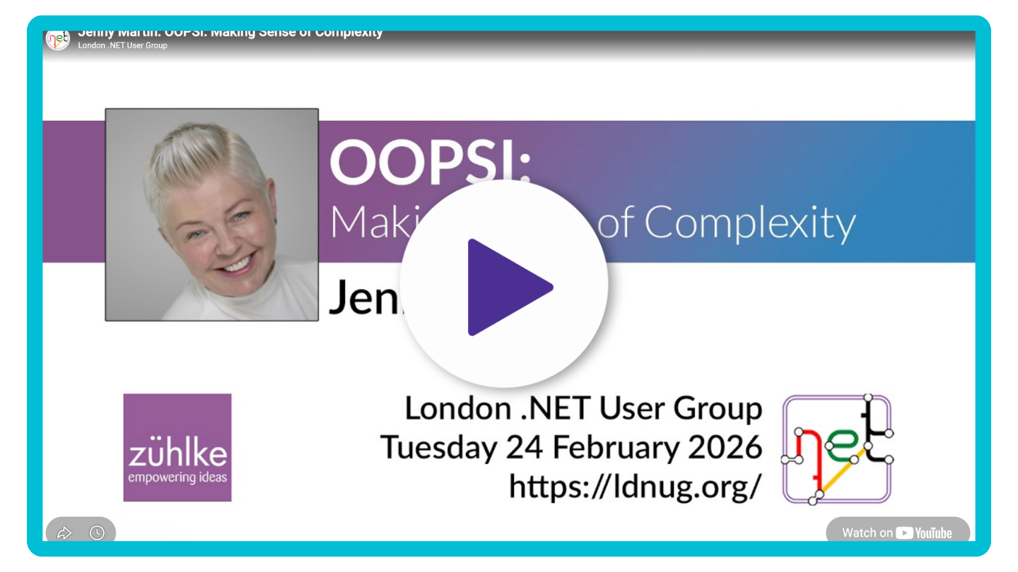 A presentation slide with the title "OOPS! Making Sense of Complexity" by Jenny Martin at the London .NET User Group on February 24, 2026. The slide includes Jenny Martin's photo, a Zühlke logo with the tagline "empowering ideas," and a schematic diagram of interconnected lines and dots.