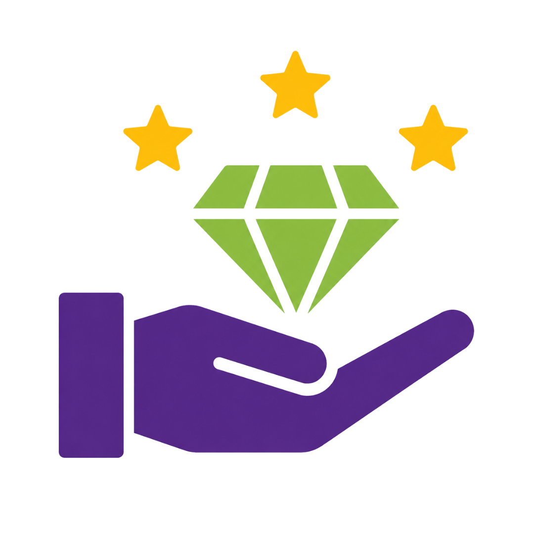 A purple hand holding a green diamond above three yellow stars.