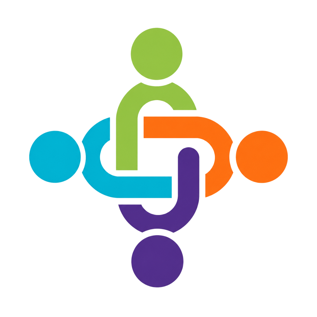 A colorful, abstract illustration of four people connected in a circle, symbolizing teamwork or community, with each person represented by a circle and a stylized figure in a different color: blue, green, orange, and purple.
