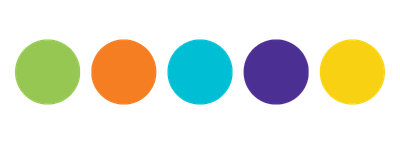 Five colorful circles in a row, colored green, orange, blue, purple, and yellow.