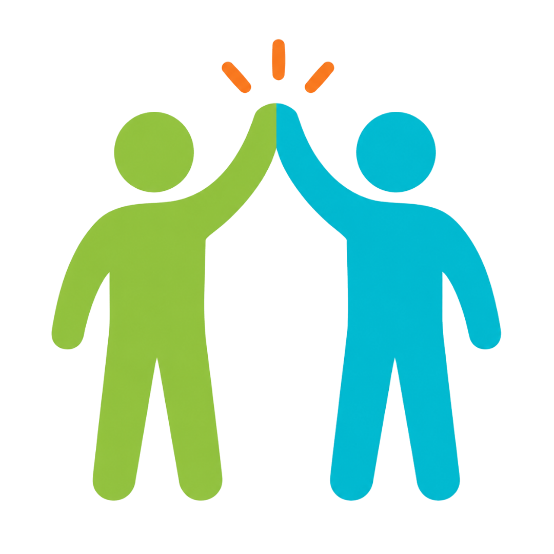 Two stylized human figures giving a high five, one green and one blue, with orange lines above for emphasis.
