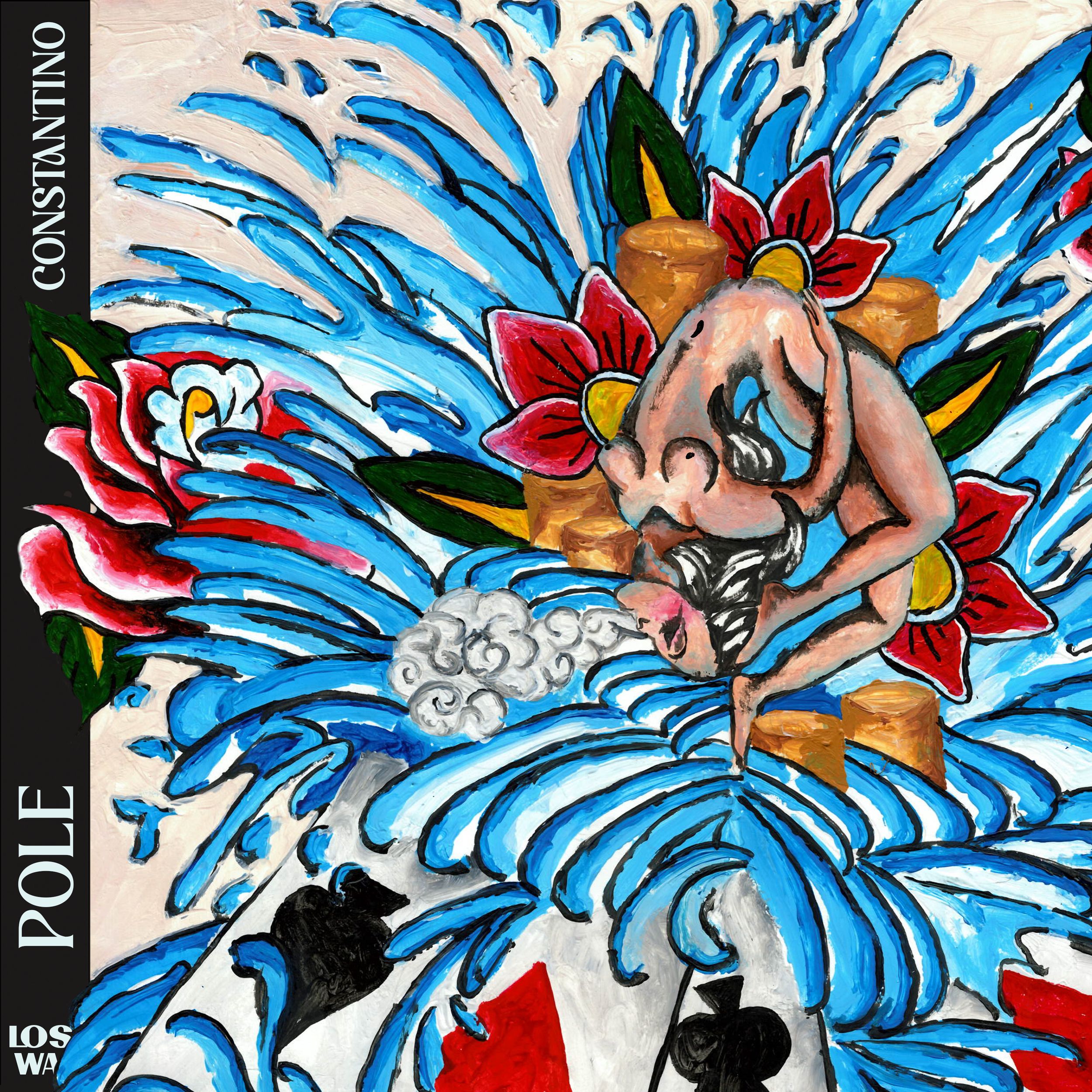Colorful abstract painting featuring a figure with flowers and swirling patterns of blue, red, black, and yellow.