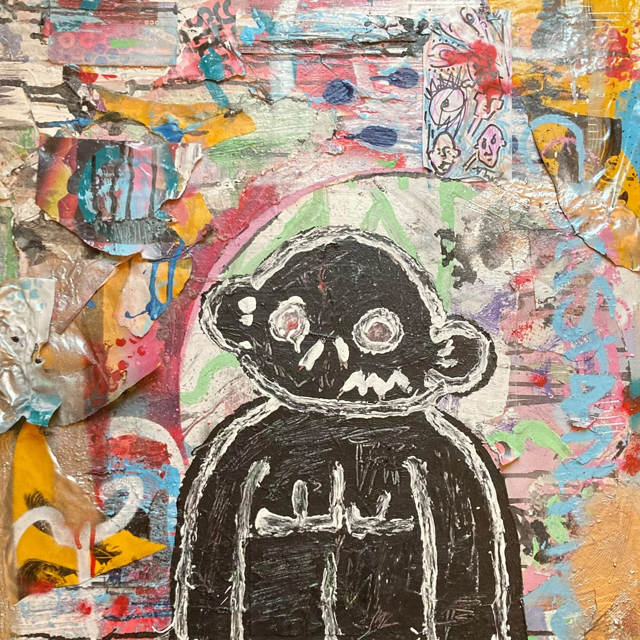 Colorful abstract artwork with layered textures, various bright colors, and doodles of faces on the right side.