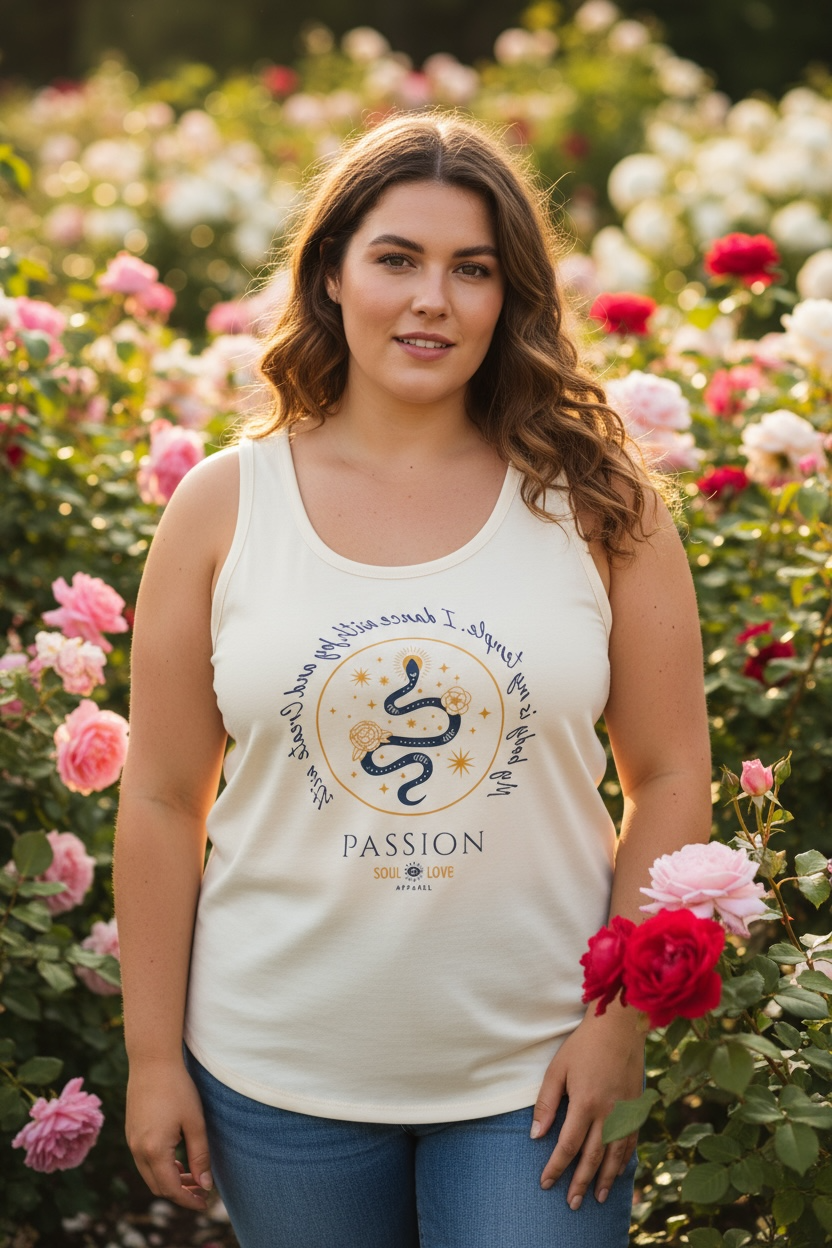 A woman with long, wavy brown hair standing in a garden of pink, red, and white roses, wearing a white sleeveless top with a zodiac-themed design and the words "PASSION SOUL LOVE" on it.