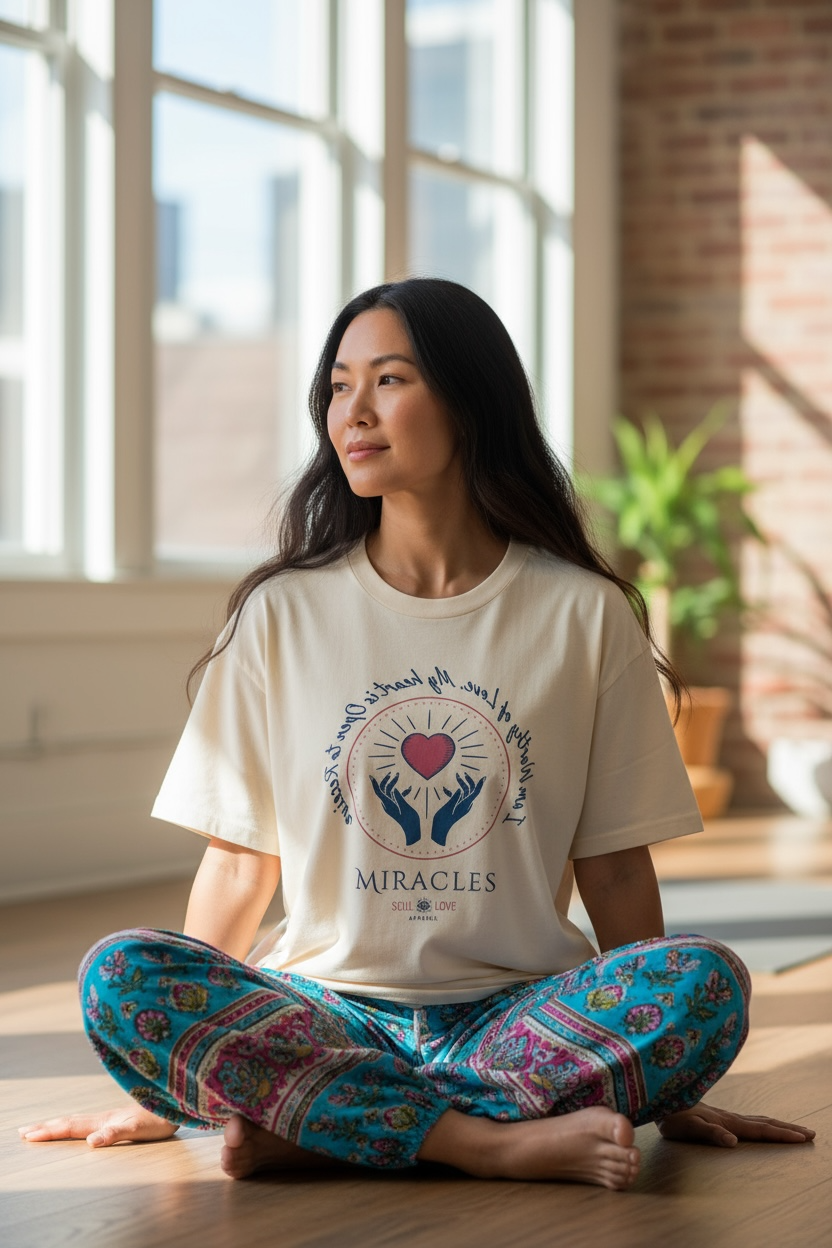 Woman sitting cross-legged on the floor in a bright room with large windows, wearing a cream T-shirt with a heart and hands graphic, and colorful patterned pants.