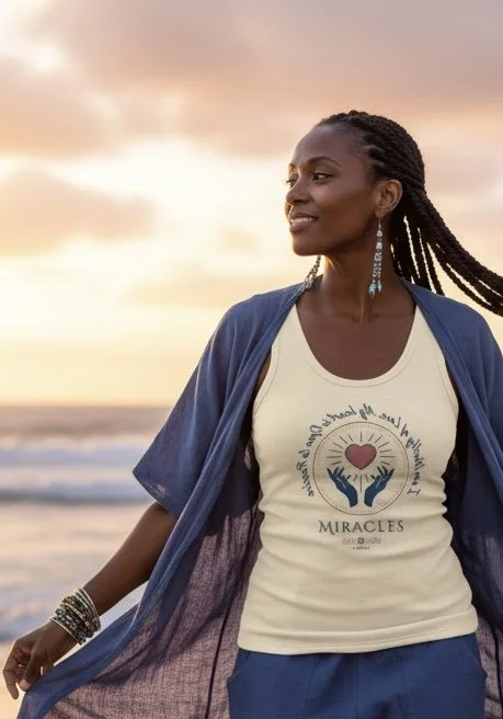 A woman with braided hair and earrings standing on the beach during sunset, wearing a white T-shirt with a heart and hands graphic and the word 'Miracles', and a blue outer garment.