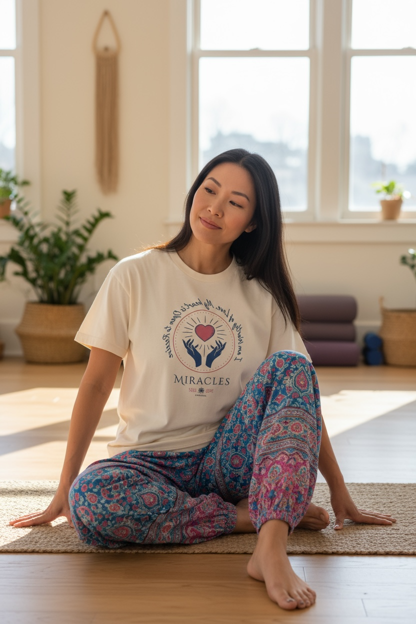 A woman practicing yoga at home, seated on a mat on the wooden floor, with sunlight coming through large windows in a bright room decorated with potted plants and wall hanging.