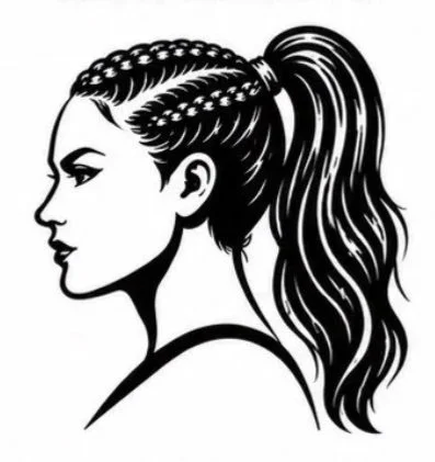 Black and white illustration of a woman with braided hair on top and loose wavy hair in a ponytail.