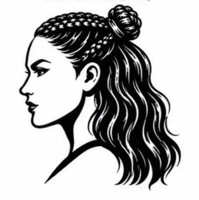 Stylized Athletes Braids illustration of a fitness female with long, wavy hair tied in a braid-up bun.