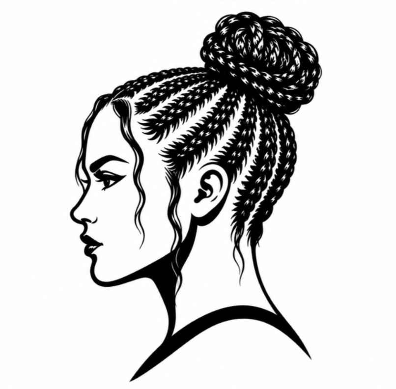 Illustration of a race-ready braided bun hairstyle for runners, HYROX, marathon and DEKA athletes.