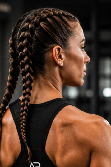Female athlete wearing Athlete Braids before HYROX race with secure performance braids designed for competition.