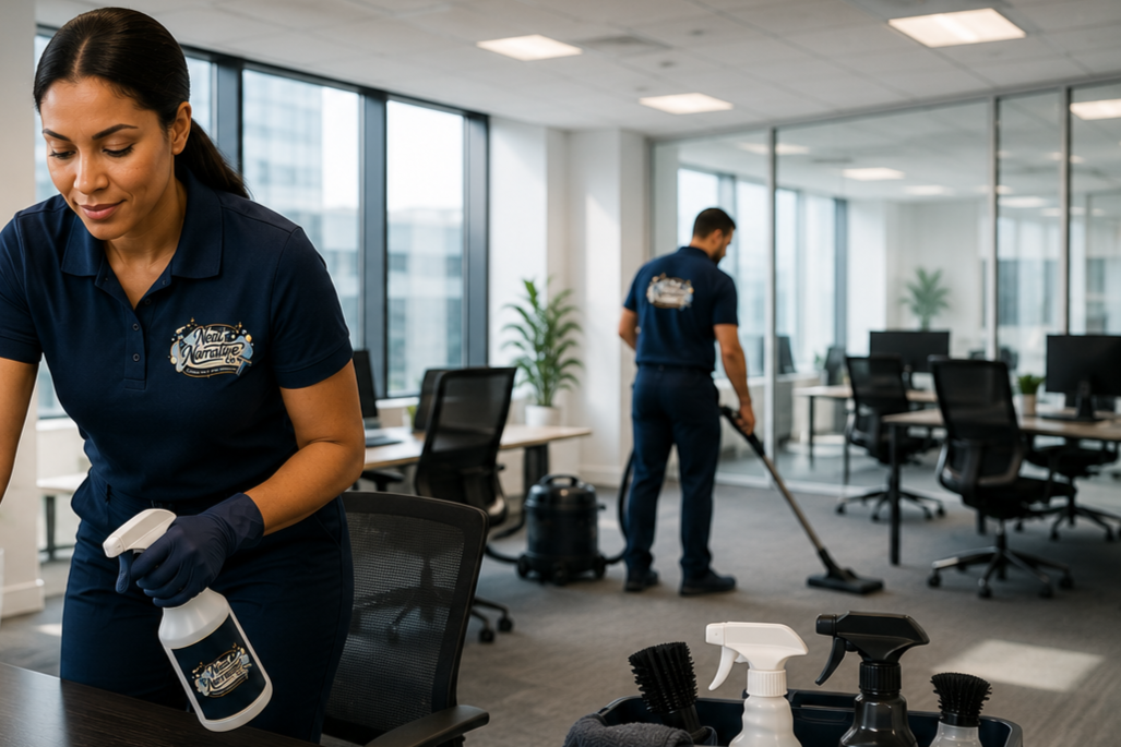 Two Neat Narrative Co Ltd cleaners working in an office, one woman preparing cleaning spray and a man vacuuming in the background.