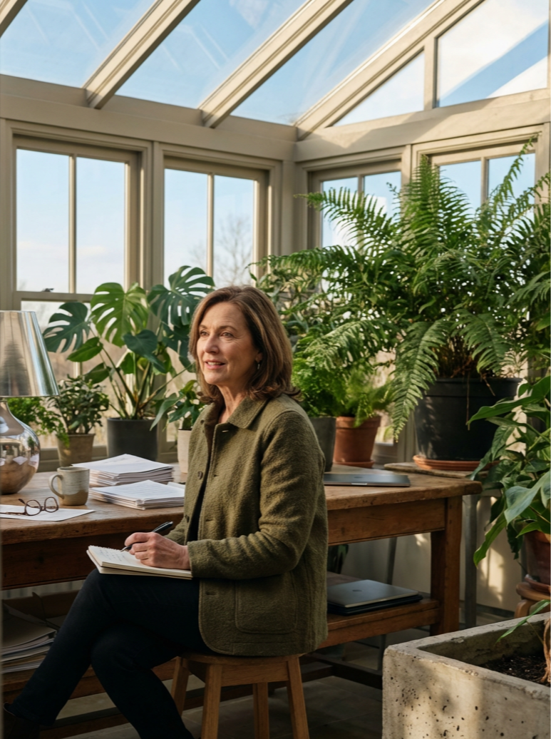 A woman sitting at a wooden desk in a sunroom considering contatcting Neat Narrative Co Ltd surrounded by large potted plants, with a notebook in her hand, papers, a coffee mug, and a table lamp nearby.
