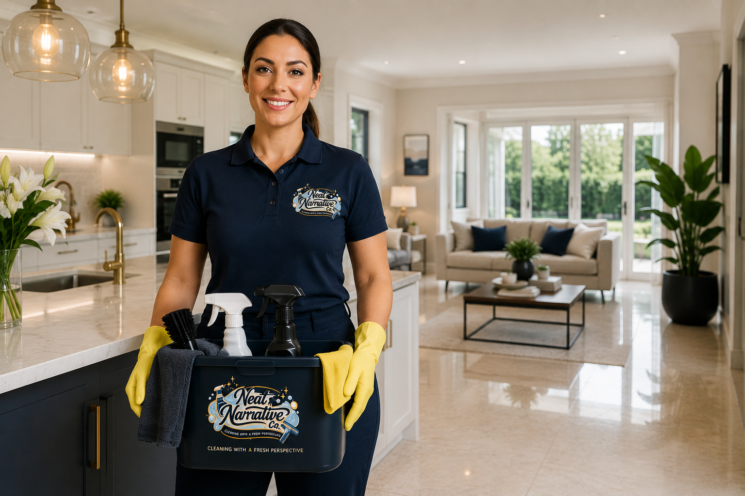 A Neat Narrative Co Ltd Branded woman in a navy polo shirt and yellow cleaning gloves holding a cleaning caddy inside a modern living room with a kitchen in the background.