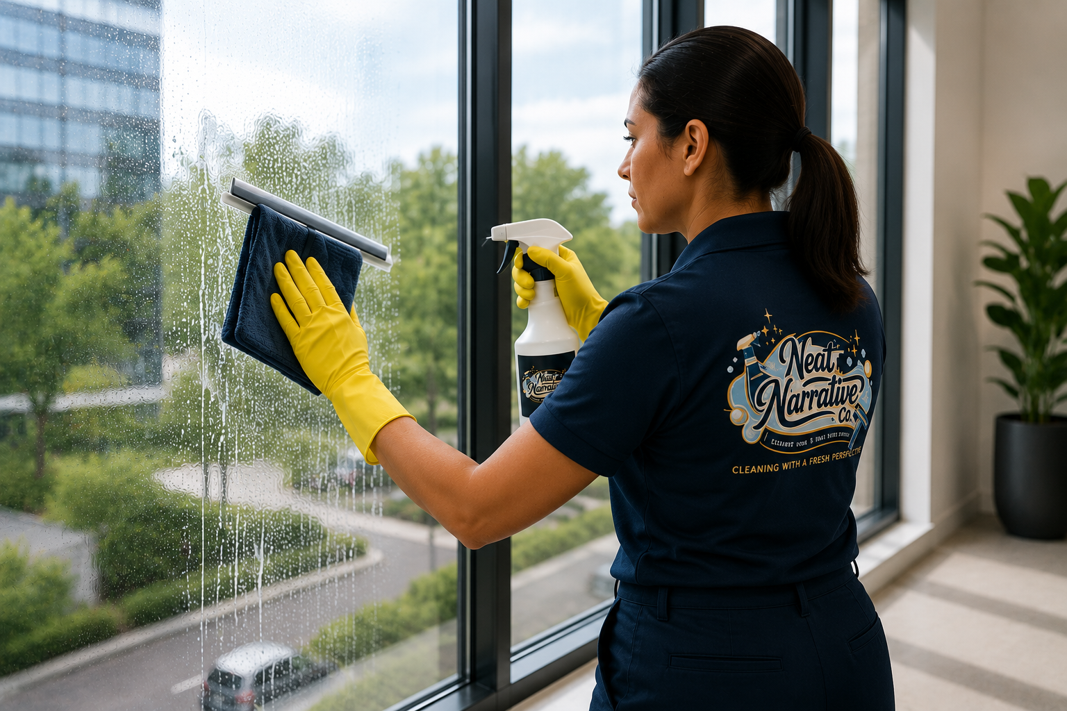 A woman wearing yellow rubber gloves is cleaning a large glass window with a blue cloth, holding a spray bottle in her other hand, inside a building with a view of trees and a parking lot outside.