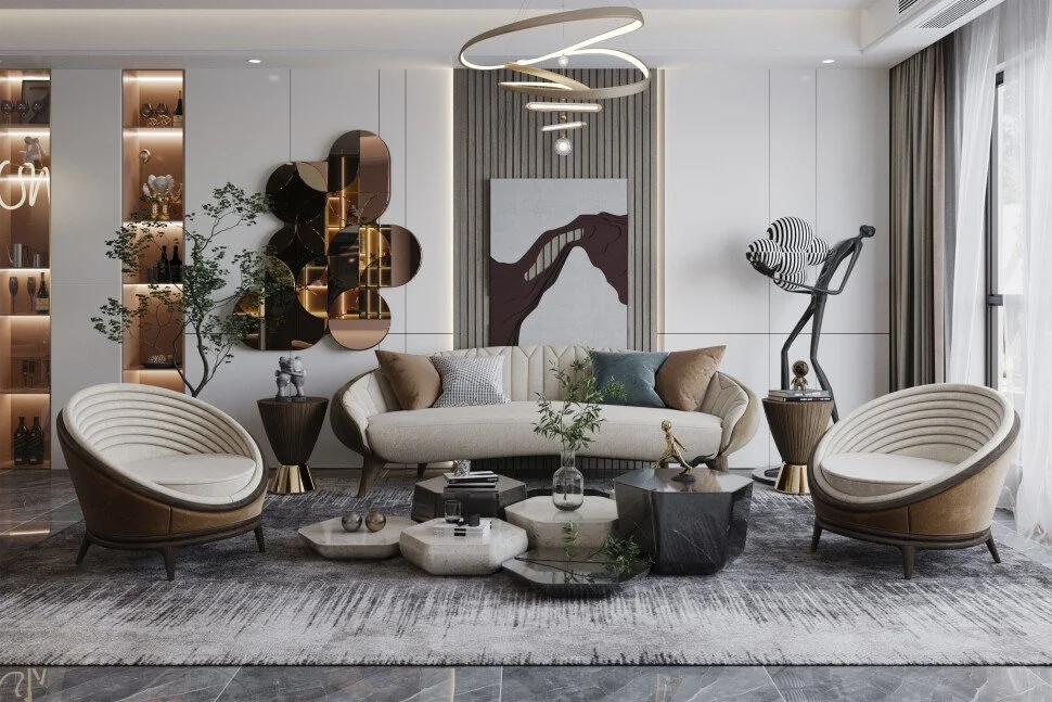 Modern living room Cleaned by Neat Narrative Co Ltd with a cream sofa, two oval armchairs, abstract wall art, decorative sculptures, and a coffee table, with natural light and stylish decor.