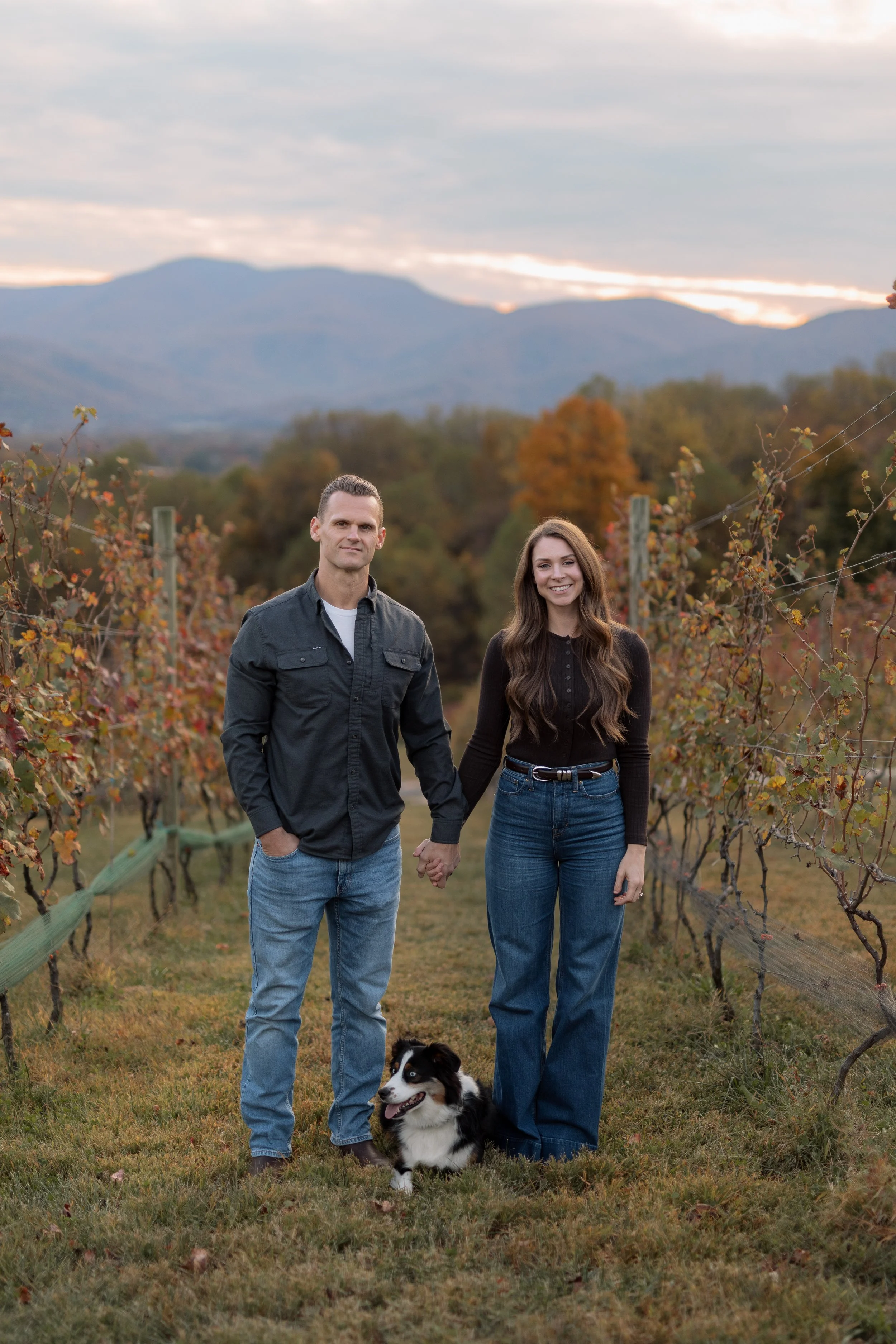 A couple holding hands and smiling, standing in a vineyard with fall foliage, mountains in the background, and their dog sitting on the grass in front of them.
