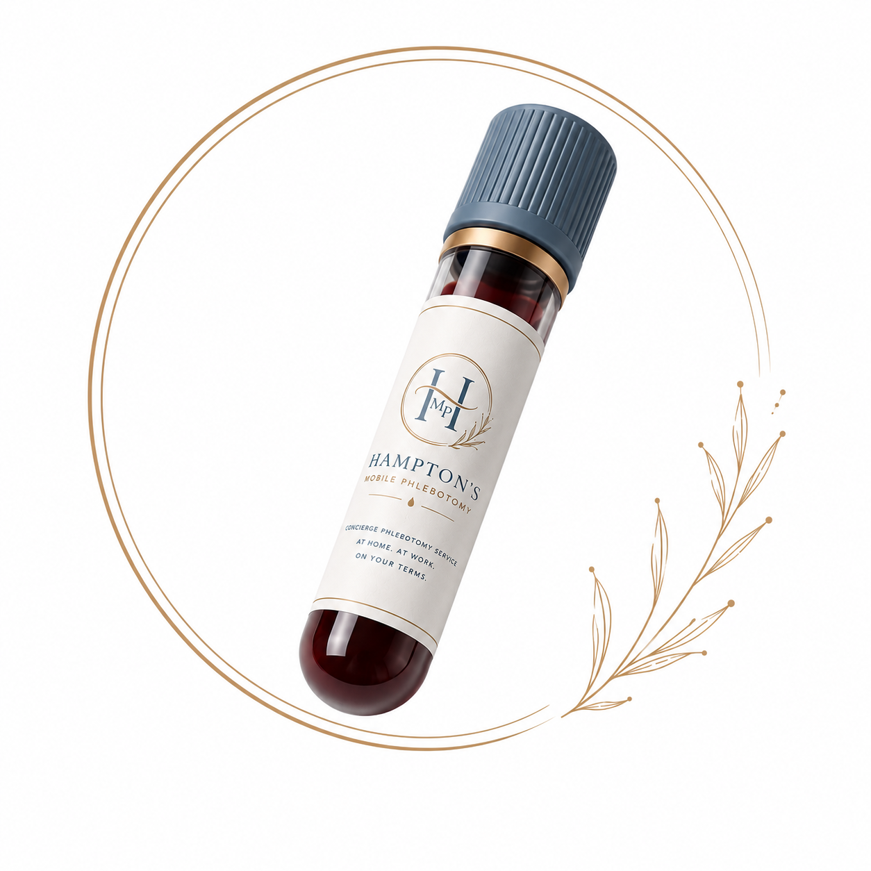 A test tube labeled Hampton's Mobile Phlebotomy, featuring a white label with navy and gold text, placed on a white background with decorative gold lines and botanical illustrations.