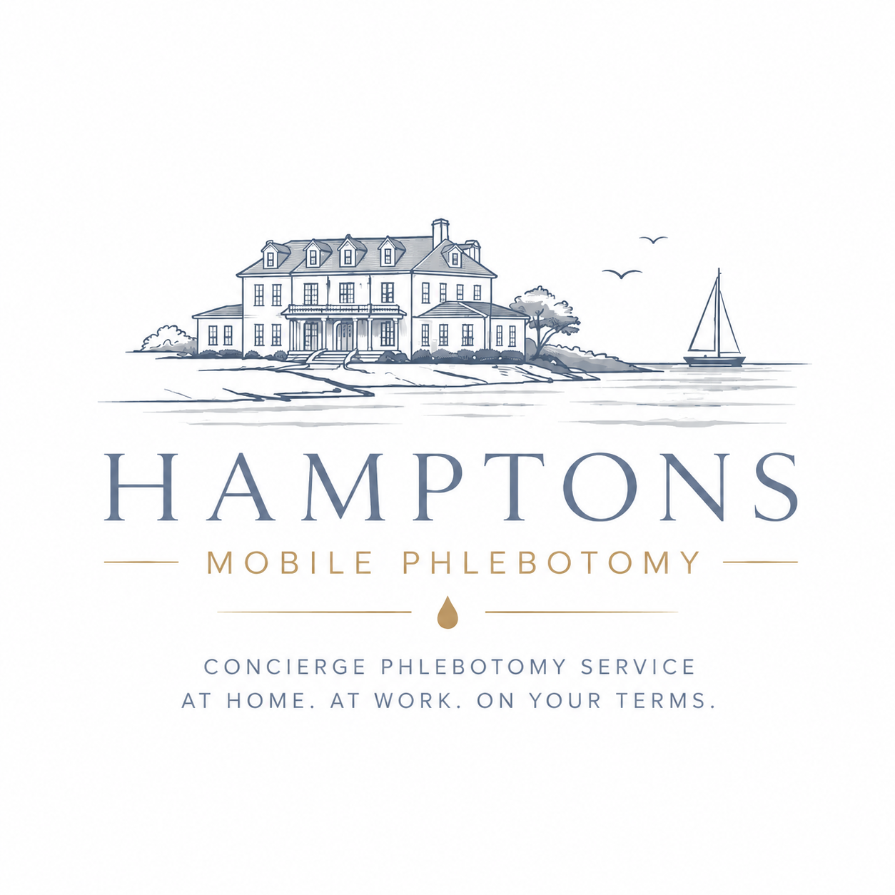 Logo for Hamptons Mobile Phlebotomy featuring a detailed line drawing of a large house by the water with a sailboat and birds, and text indicating concierge phlebotomy services at home, work, and on your terms.