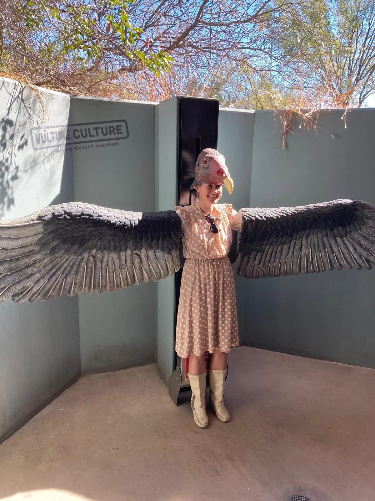 Woman with a bird head costume and large bird wings posing in an outdoor exhibit at the Arizona Desert Museum.