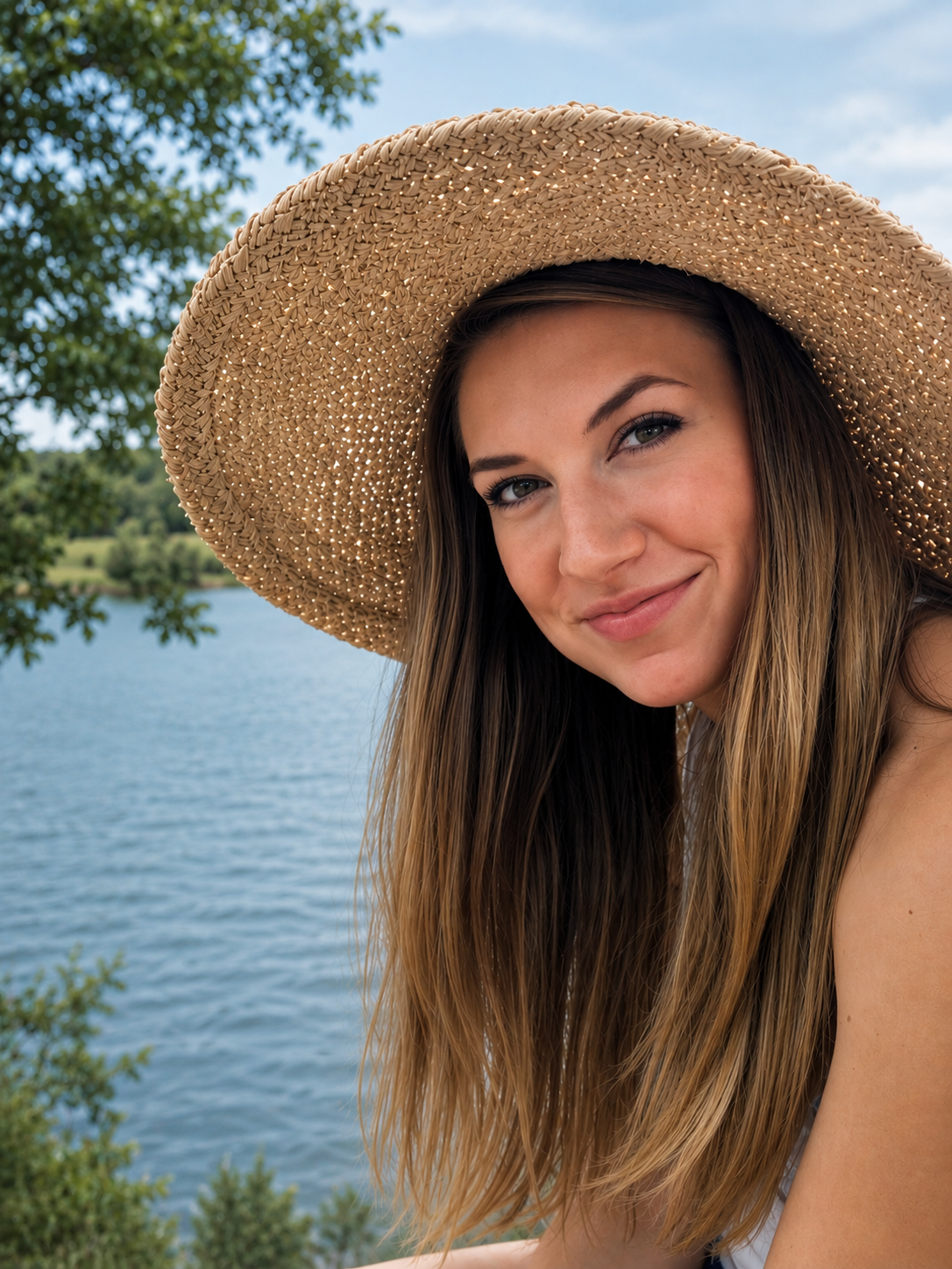 A young woman smiling outdoors near a lake, wearing a large straw hat with a wide brim.