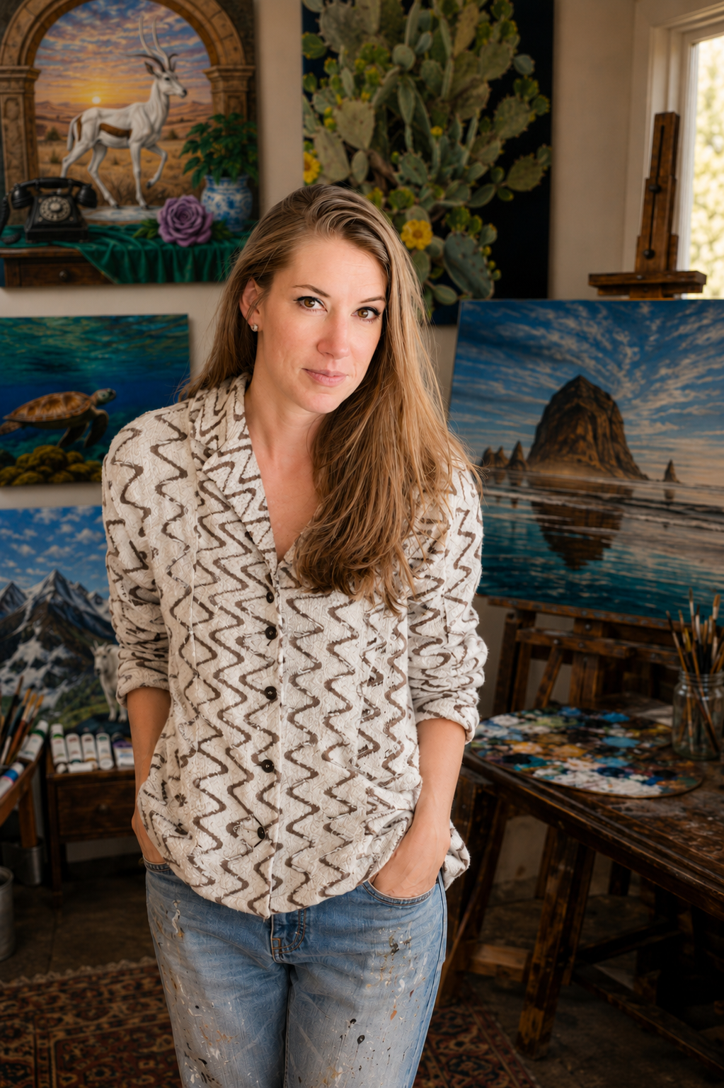 A woman with long brown hair, wearing a beige patterned shirt and distressed blue jeans, standing in an art studio surrounded by landscapes and wildlife paintings, with art supplies and a wooden table nearby.