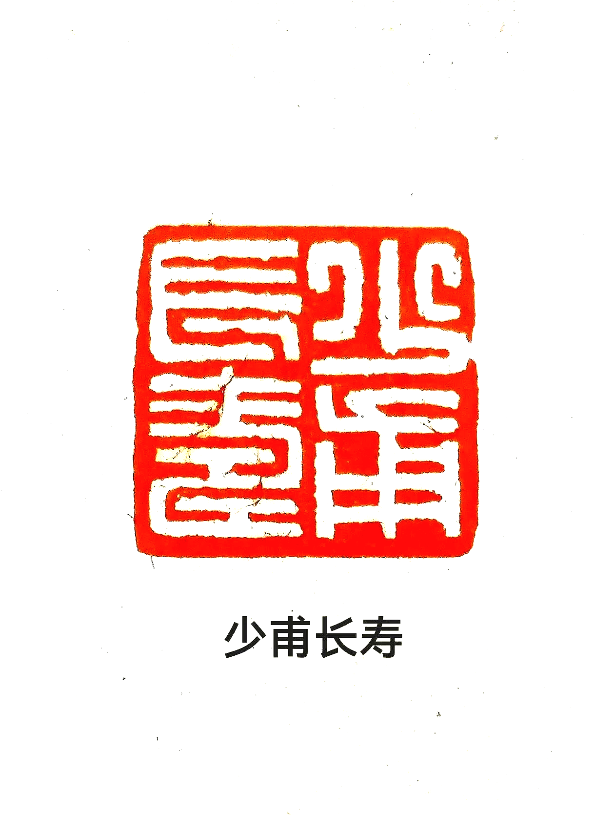 A red Chinese seal with traditional characters and the words "Shao Nian Chang Shou" below it, indicating a wish for long life.