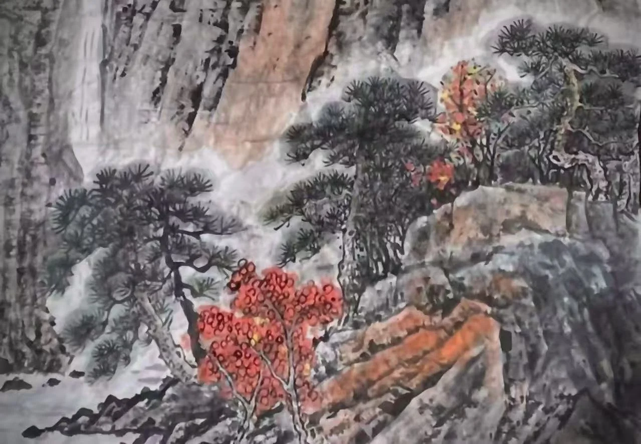 Traditional Chinese landscape painting depicting pine trees, rocks, and a mountain with a blurred, textured background, with bright red flowers adding color to the scene.