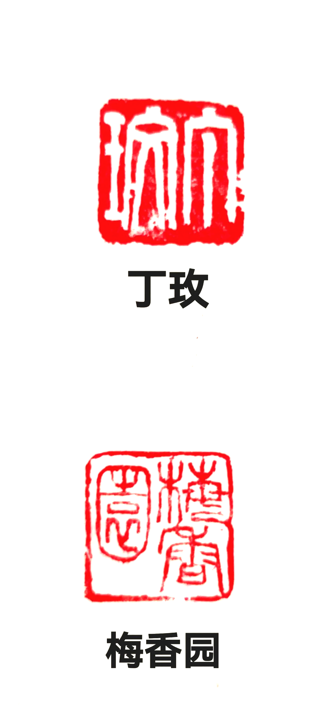 Two red Chinese seal stamps with black Chinese characters below each one. The upper stamp has the characters "丁玫" and the lower stamp has "梅香園".