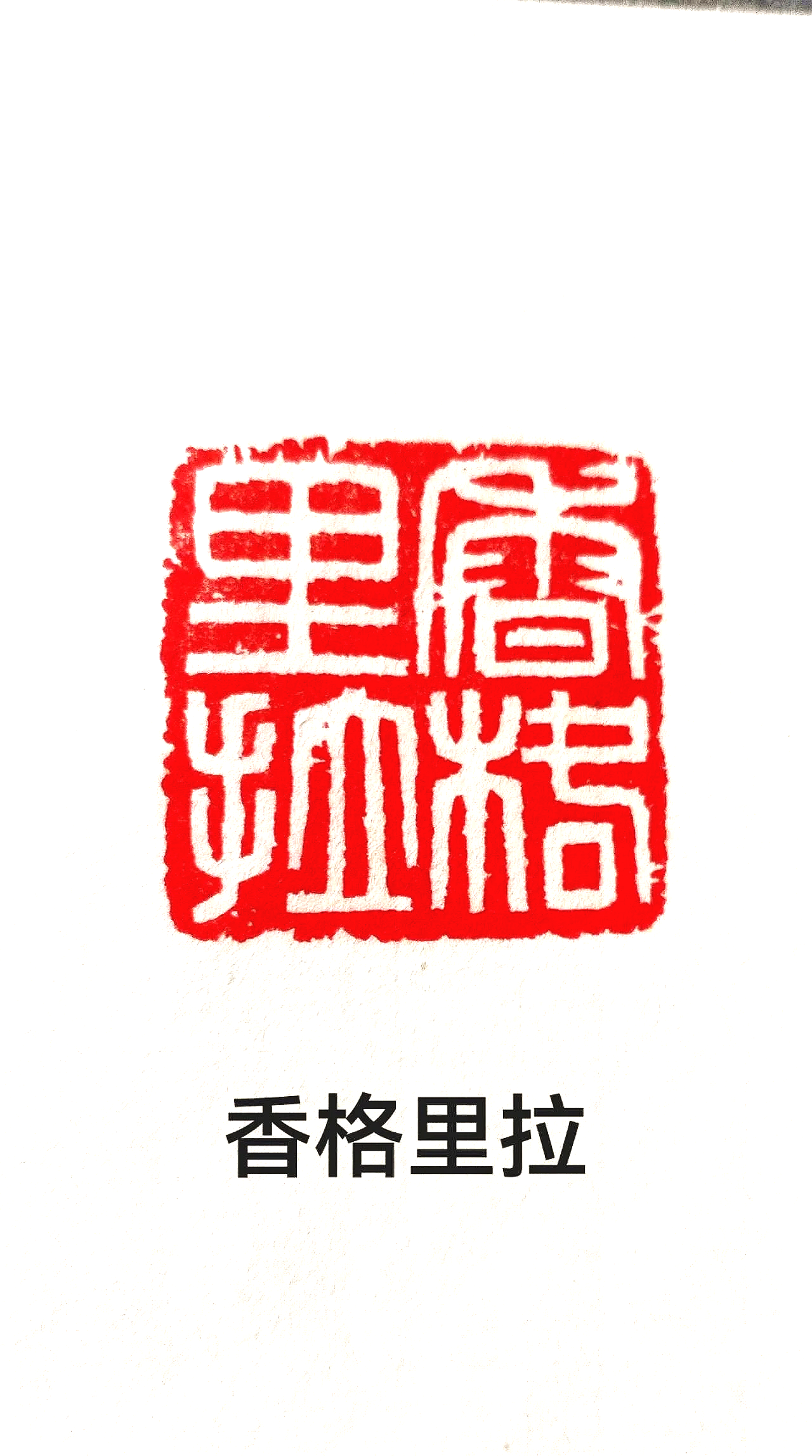 Red Chinese seal stamp with stylized characters, and black Chinese characters below it.