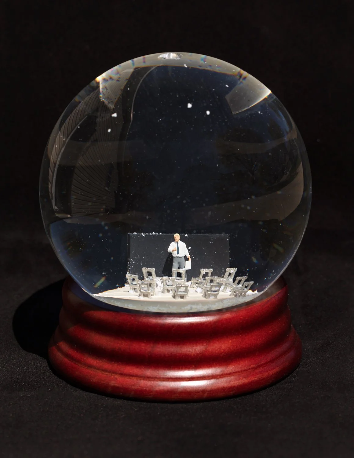 Remote Teaching, Glass Snow Globe with 3D-Printed Figurines, 7.25”h, 6” dia.
