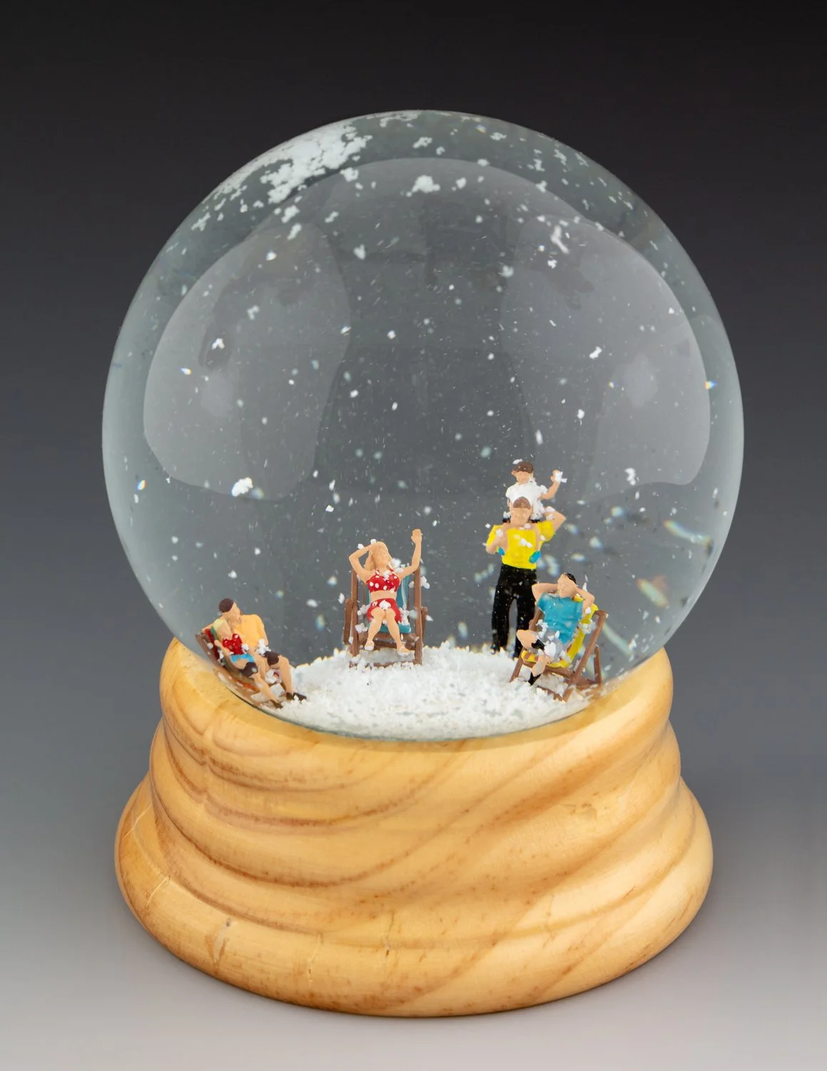 Beach Goers, Glass Snow Globe with 3D-Printed Figurines, 6”h, 4.75” dia.
