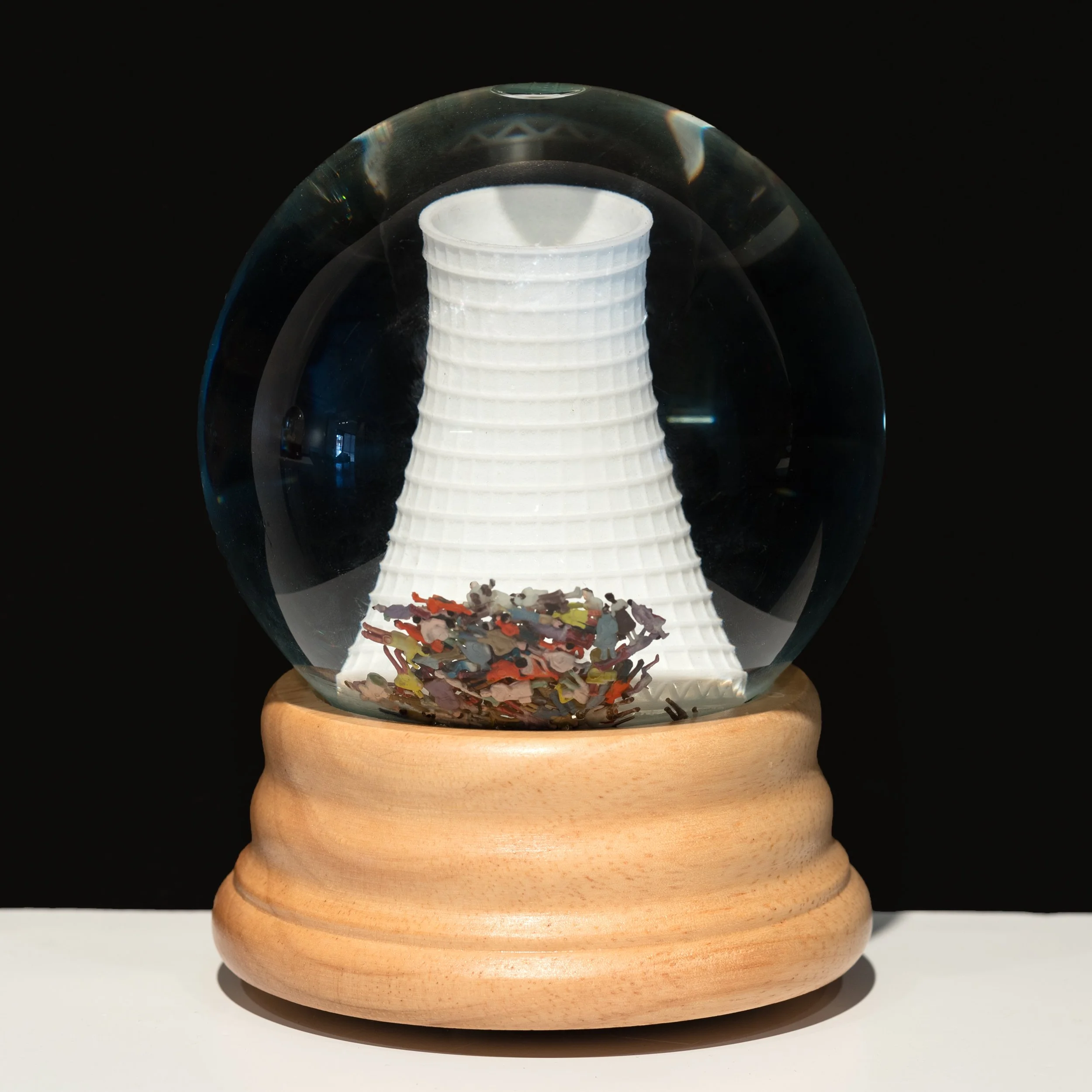 With Power, 6”H, 4.625” Dia., 3D-printed Cooling Tower And Falling People Figurines, Sound, 2017
